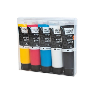 Creall | Studio Acrylics Grundfarben Set Acrylfarbe 5 x 120ml Tuben Wasserbasiert, schnell trocknend, Wasserfest, Mischbar - Racher